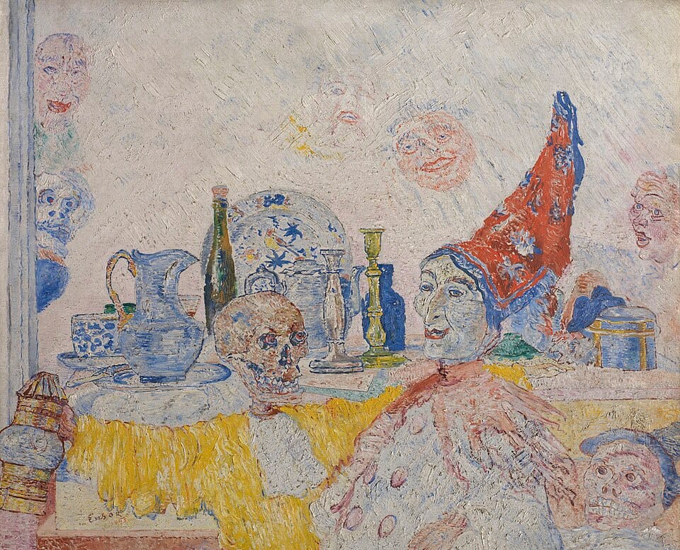 James Ensor, Pierrot and Skeleton in a Yellow Robe